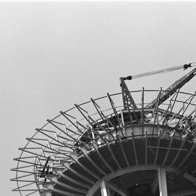 View looking up as the top of the Space Needle is under construction
