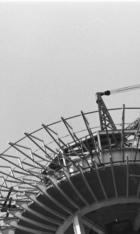 View looking up as the top of the Space Needle is under construction