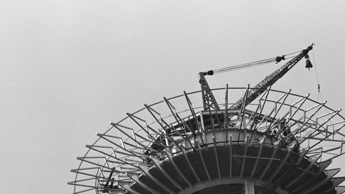 View looking up as the top of the Space Needle is under construction